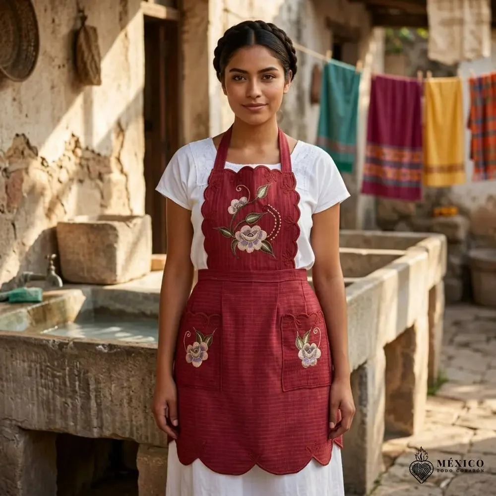 Mexican Embroidered Bib Apron for Women – Multicolor with Floral Design